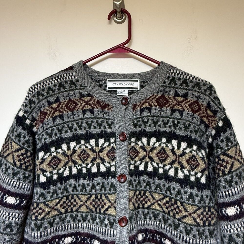 Vintage Crystal Kobe 100% Wool Shetland Cardigan Women's M Button Up Cottage - Picture 3 of 8